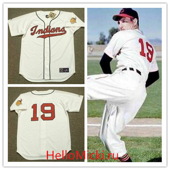 Men's Cleveland Indians #19 BOB FELLER 1948 Majestic White Cooperstown Throwback Jersey