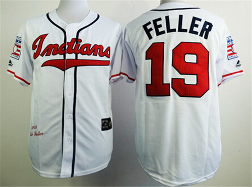Men's Cleveland Indians #19 Bob Feller White Throwback Jerseys