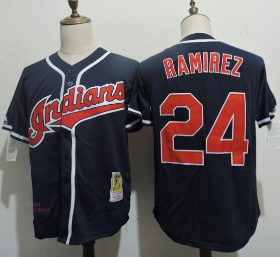 Men's Cleveland Indians #24 Manny Ramirez Majestic 1994 Navy Blue Throwback VINTAGE Baseball Jerseys