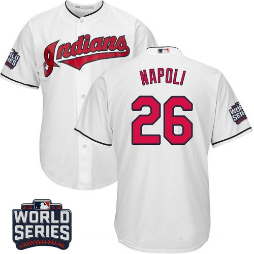 Men's Cleveland Indians #26 Mike Napoli White Home 2016 World Series Patch Stitched MLB Majestic Cool Base Jersey的副本