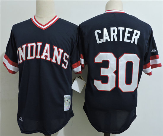 Men's Cleveland Indians #30 JOE CARTER Cleveland Indians 1984 Majestic Navy Blue Cooperstown Throwback Away Jerseys