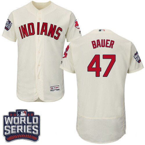 Men's Cleveland Indians #47 Trevor Bauer Cream 2016 World Series Patch Stitched MLB Majestic Flex Base Jersey