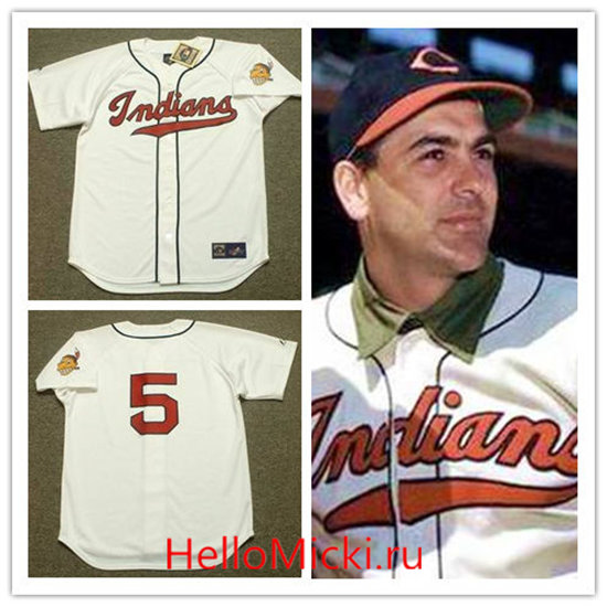 Men's Cleveland Indians #5 LOU BOUDREAU 1948 Majestic White Cooperstown Throwback Jersey
