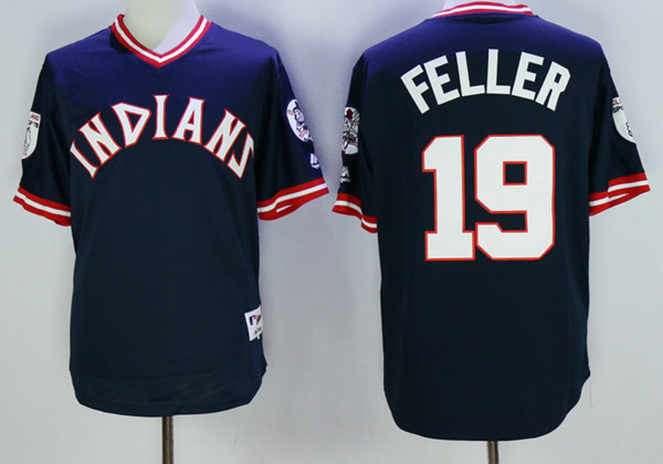 Men's Cleveland Indians Retired Player #19 Bob Feller Navy Blue Pullover Majestic 1976 Turn Back The Clock Jerseys