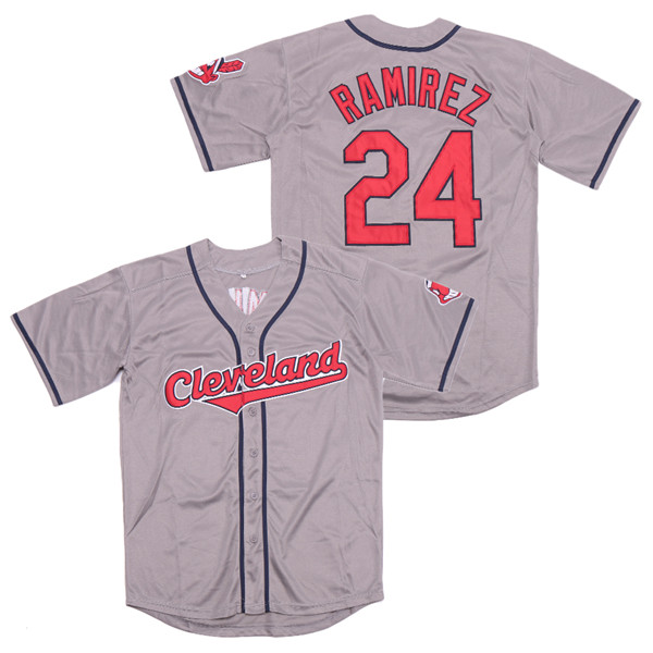 Men's Cleveland Indians Retired Player #24 Manny Ramirez Grey Throwback Jerseys