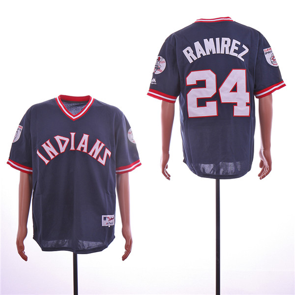Men's Cleveland Indians Retired Player #24 Manny Ramirez Navy Blue Pullover Majestic 1976 Turn Back The Clock Jerseys