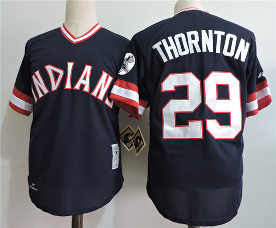 Men's Cleveland Indians Retired Player #29 Andre Thornton 1977 Majestic Navy Blue Cooperstown Throwback Away Jerseys