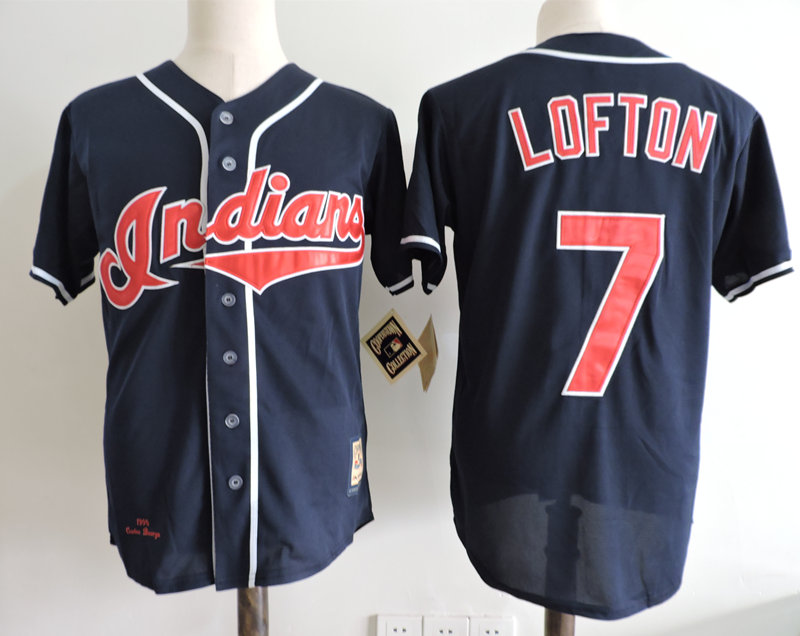 Men's Cleveland Indians Retired Player #7 Kenny Lofton Navy Throwback Baseball Jersey