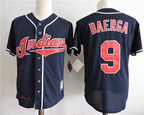 Men's Cleveland Indians Retired Player #9 Carlos Baerga Navy Blue Throwback Vintage 1995 Game Worn World Series Jersey With
