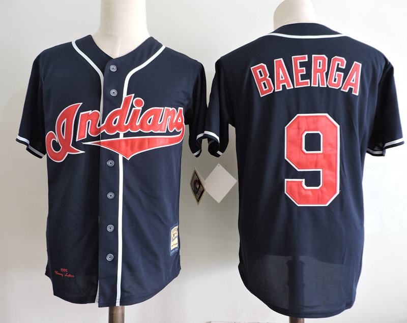 Men's Cleveland Indians Retired Player #9 Carlos Baerga Navy Blue Throwback Vintage 1995 Game Worn World Series Jersey With Special World Series Patch