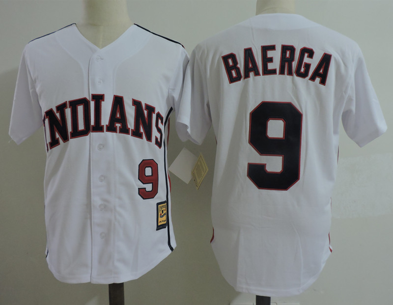 Men's Cleveland Indians Retired Player #9 Carlos Baerga White Throwback Vintage 1993 Cool Base Baseball Jersey