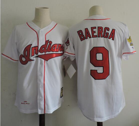 Men's Cleveland Indians Retired Player #9 Carlos Baerga White Throwback Vintage 1995 Game Worn World Series Jersey With