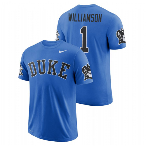 Men's College Basketball #1 Zion Williamson Duke Blue Devils Performance Royal School Wordmark T-Shirt