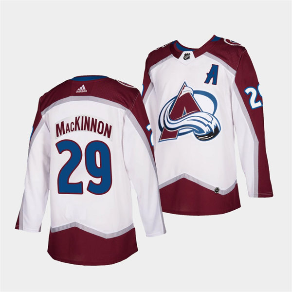 Men's Colorado Avalanche #29 Nathan MacKinnon 2022 White Away Premier Player Jersey Stitched