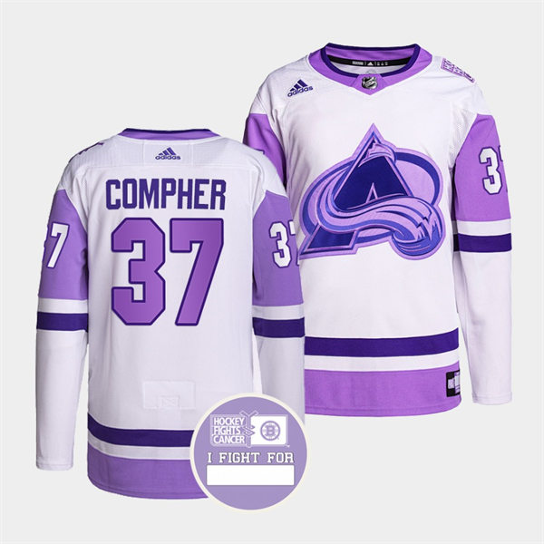 Men's Colorado Avalanche #37 J. T. Compher 2021-22 White Purple Hockey Fights Cancer Primegreen Jersey Stitched