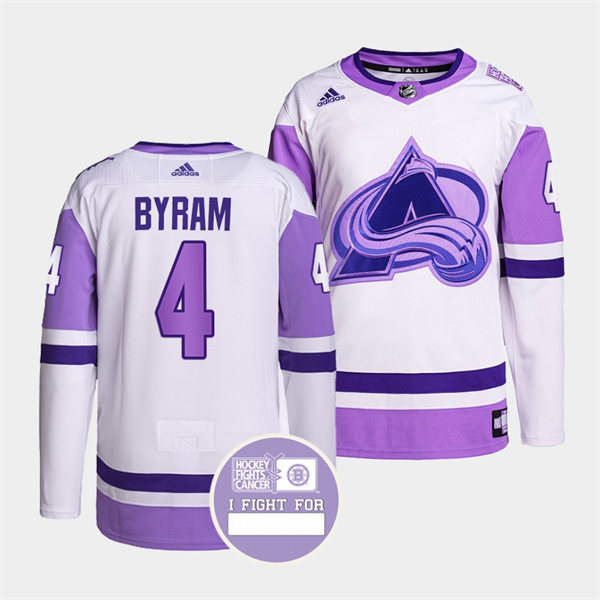Men's Colorado Avalanche #4 Bowen Byram 2021-22 White Purple Hockey Fights Cancer Primegreen Jersey Stitched