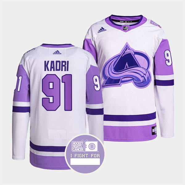 Men's Colorado Avalanche #91 Nazem Kadri 2021-22 White Purple Hockey Fights Cancer Primegreen Jersey Stitched