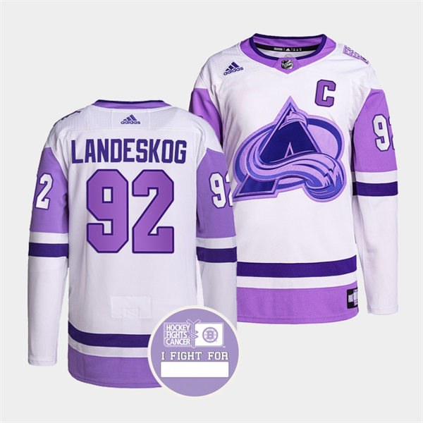 Men's Colorado Avalanche #92 Gabriel Landeskog 2021-22 White Purple Hockey Fights Cancer Primegreen Jersey Stitched