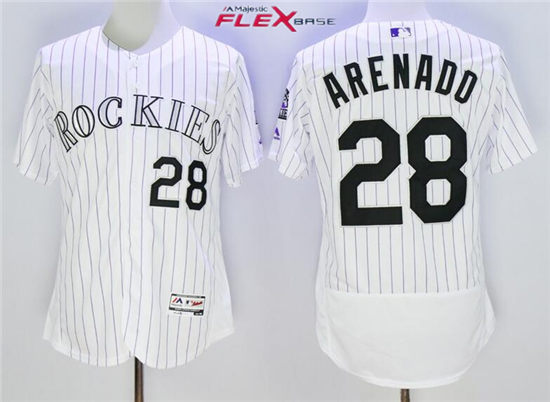 Men's Colorado Rockies #28 Nolan Arenado Majestic White Pinstripe Home 2016 FlexBase Baseball