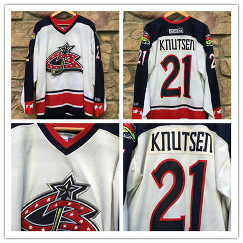 Men's Columbus Blue Jackets #21 Espen Knutsen White 2001 CCM NHL Jersey Stitched