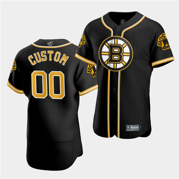 Men's Custom Boston Bruins 2020 NHL X MLB Crossover Edition Black Baseball Jersey Stitched