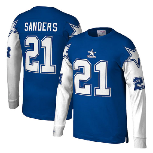 Men's Dallas Cowboys #21 Deion Sanders Royal Mitchell & Ness Throwback Long Sleeve Stitched Jersey