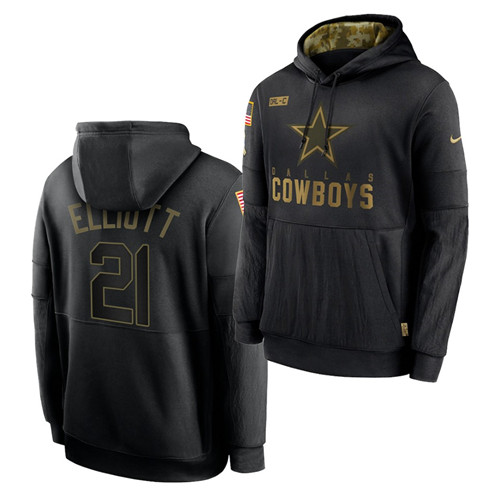 Men's Dallas Cowboys #21 Ezekiel Elliott 2020 Salute To Service Black Sideline Performance Pullover Hoodie