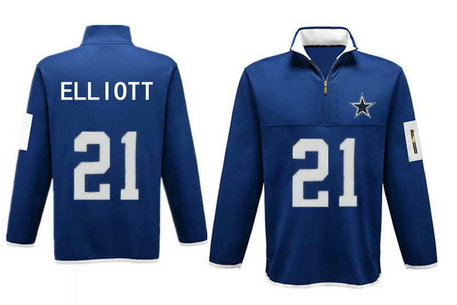 Men's Dallas Cowboys #21 Ezekiel Elliott Antigua Charcoal Fortune Sweater Knit Microfleece Quarter-Zip Pullover Blue Jacket