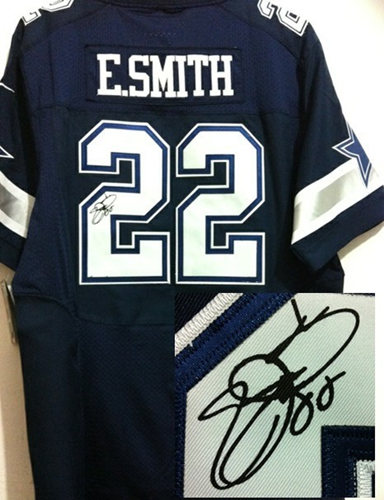 Men's Dallas Cowboys #22 Emmitt Smith Navy Blue NFL Nike Elite Signed Jersey