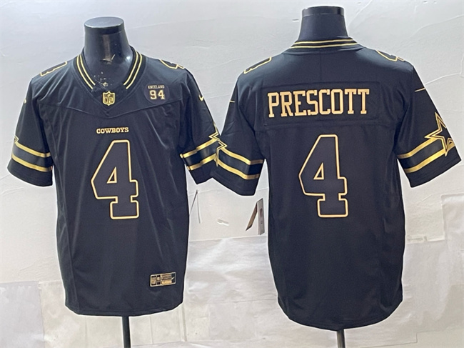 Men's Dallas Cowboys #4 Dak Prescott Black Gold 2025 F.U.S.E. 94 Marshawn Kneeland Memorial Patch Vapor Limited Stitched Football Jersey