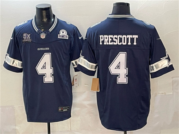 Men's Dallas Cowboys #4 Dak Prescott Navy F.U.S.E. With 5x Super Bowl Champions & Established In 1960 Patch Vapor Limited Stitched Football Jersey