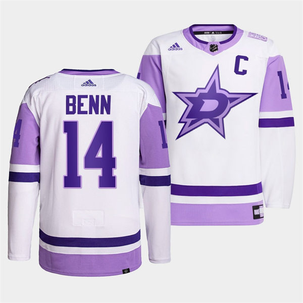 Men's Dallas Stars #14 Jamie Benn 2021-22 White Purple Hockey Fights Cancer Primegreen Jersey Stitched