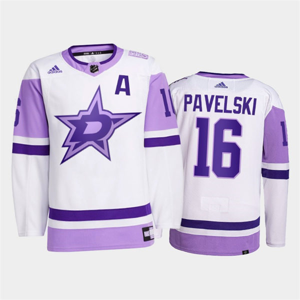 Men's Dallas Stars #16 Joe Pavelski 2021-22 White Purple Hockey Fights Cancer Primegreen Jersey Stitched