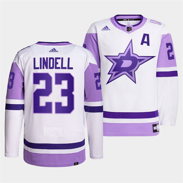 Men's Dallas Stars #23 Esa Lindell 2021-22 White Purple Hockey Fights Cancer Primegreen Jersey Stitched