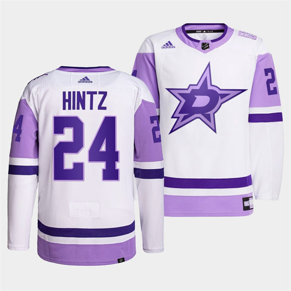 Men's Dallas Stars #24 Roope Hintz 2021-22 White Purple Hockey Fights Cancer Primegreen Jersey Stitched
