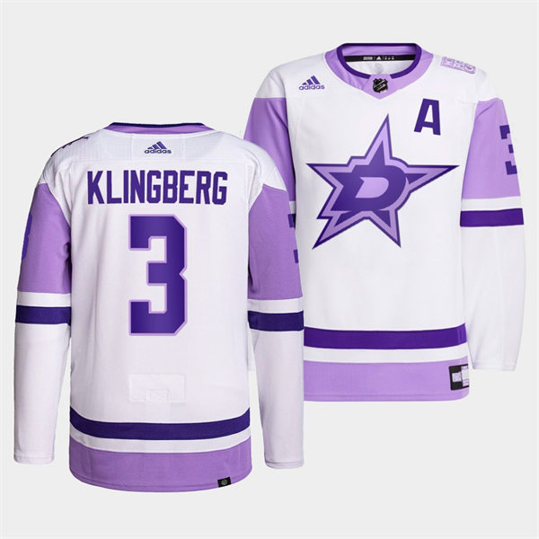 Men's Dallas Stars #3 John Klingberg 2021-22 White Purple Hockey Fights Cancer Primegreen Jersey Stitched