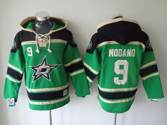 Men's Dallas Stars #9 Mike Modano Old Time Hockey Home Green Hoodie Stitched