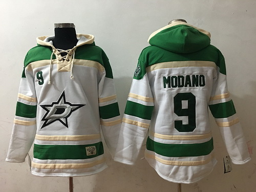 Men's Dallas Stars #9 Mike Modano White Stitched NHL Old Time Hockey Hoodie Stitched