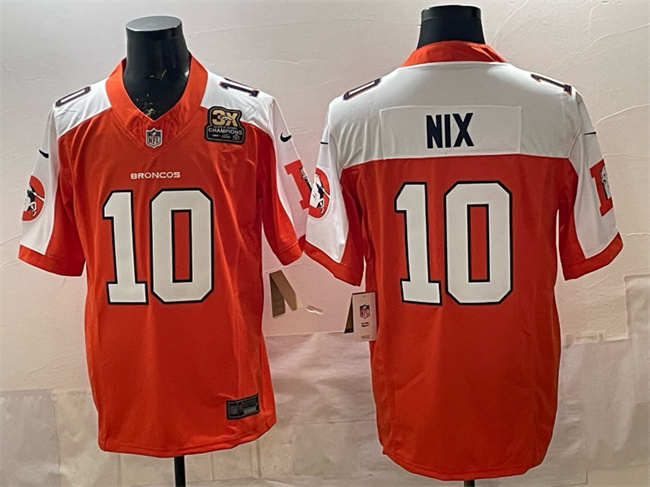 Men's Denver Broncos #10 Bo Nix Orange 2024 F.U.S.E. With 3-Time Champions Patch Throwback Vapor Limited Alternate Football Stitched Jersey