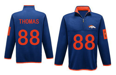 Men's Denver Broncos 88 Thomas Antigua Charcoal Fortune Sweater Knit Microfleece Quarter-Zip Pullover Blue Jacket