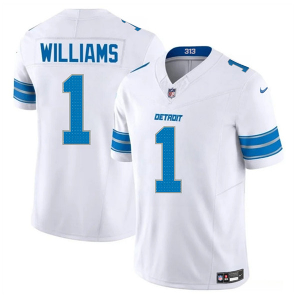 Men's Detroit Lions #1 Jameson Williams White 2025 F.U.S.E. Vapor Limited Football Stitched Jersey