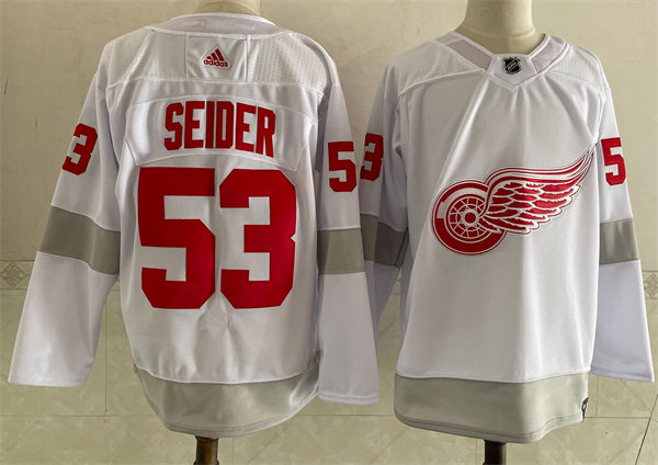 Men's Detroit Red Wings #53 Moritz Seider adidas White 2021 Reverse Retro Jersey Stitched