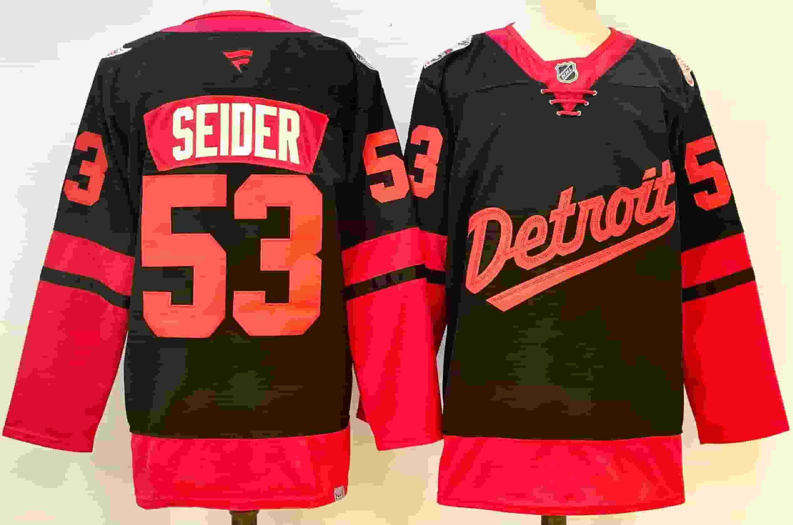 Men's Detroit Red Wings #53 Moritz Seider black Red 2024-25 Stitched Jersey
