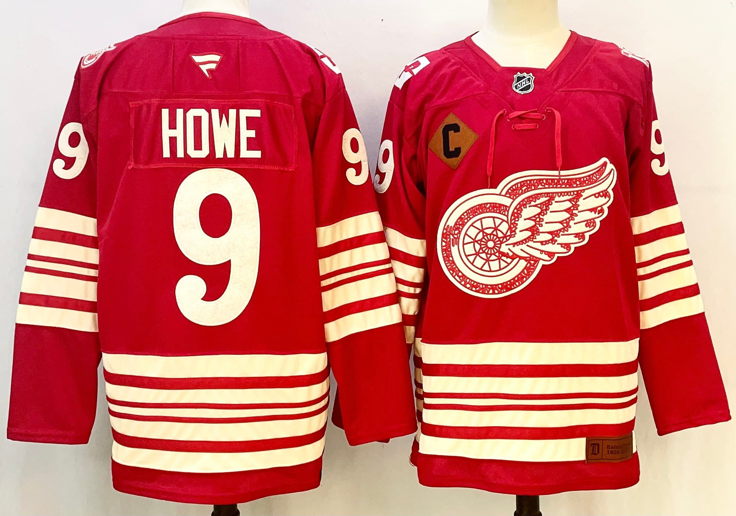 Men's Detroit Red Wings #9 Gordie Howe  Red  With C Patch Stitched Jersey