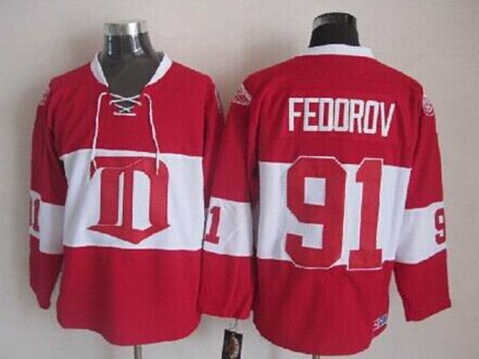Men's Detroit Red Wings #91 Sergei Fedorov Red Winter Classic Throwback CCM Jersey Stitched