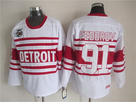 Men's Detroit Red Wings #91 Sergei Fedorov White 75TH Throwback CCM Jersey Stitched
