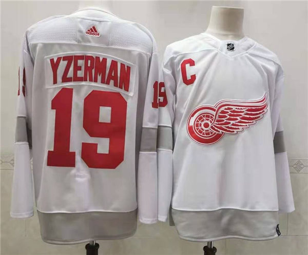 Men's Detroit Red Wings Retired Player #19 Steve Yzerman Adidas White 2021 Reverse Retro Jersey Stitched