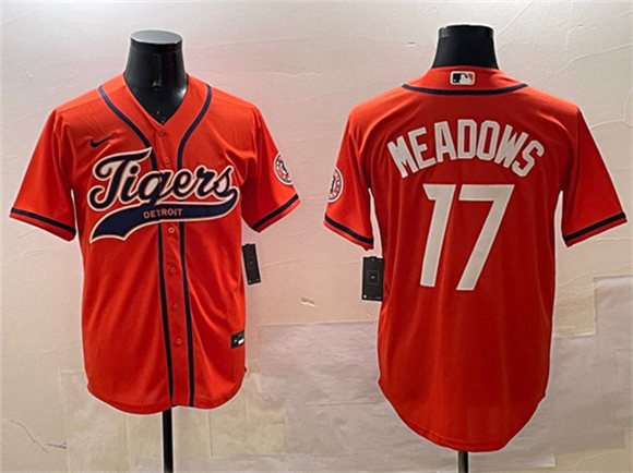 Men's Detroit Tigers #17 Parker Meadows Orange With Patch Cool Base Stitched Baseball Jersey