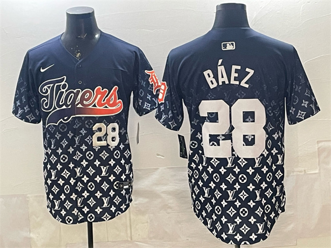 Men's Detroit Tigers #28 Javier B??ez Navy With Patch Vapor Premier Limited Stitched Baseball Jersey