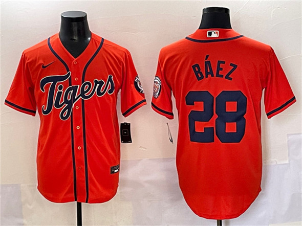 Men's Detroit Tigers #28 Javier B??ez Orange With Patch Cool Base Stitched Baseball Jersey